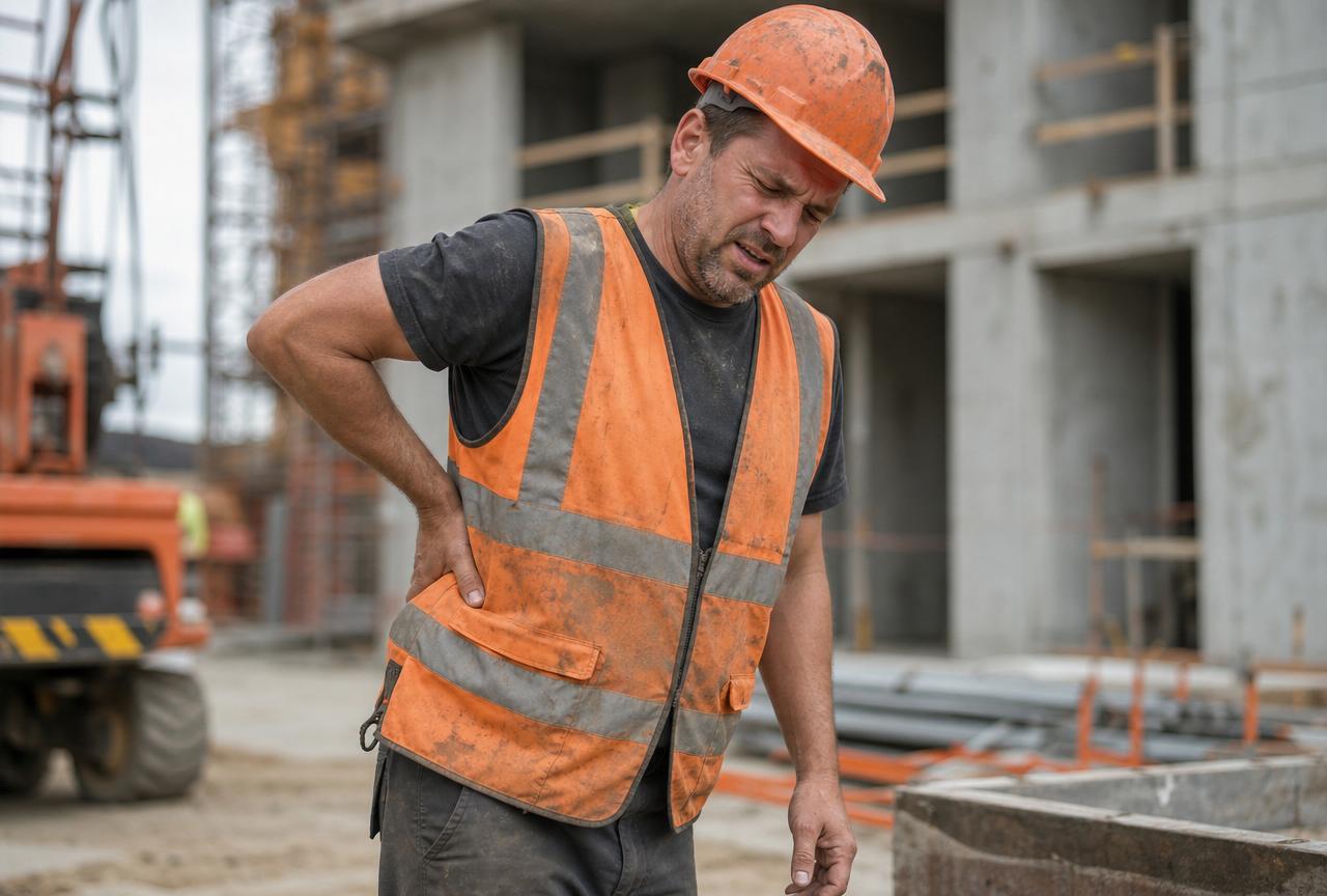 Construction worker on a building site holding his aching lower back