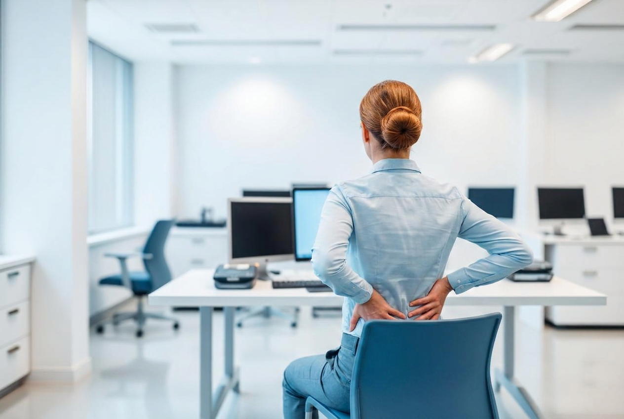 Office worker at a desk holding his stiff lower back
